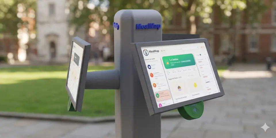 Render of the MealMap kiosk on campus with two touchscreens and a tap point
